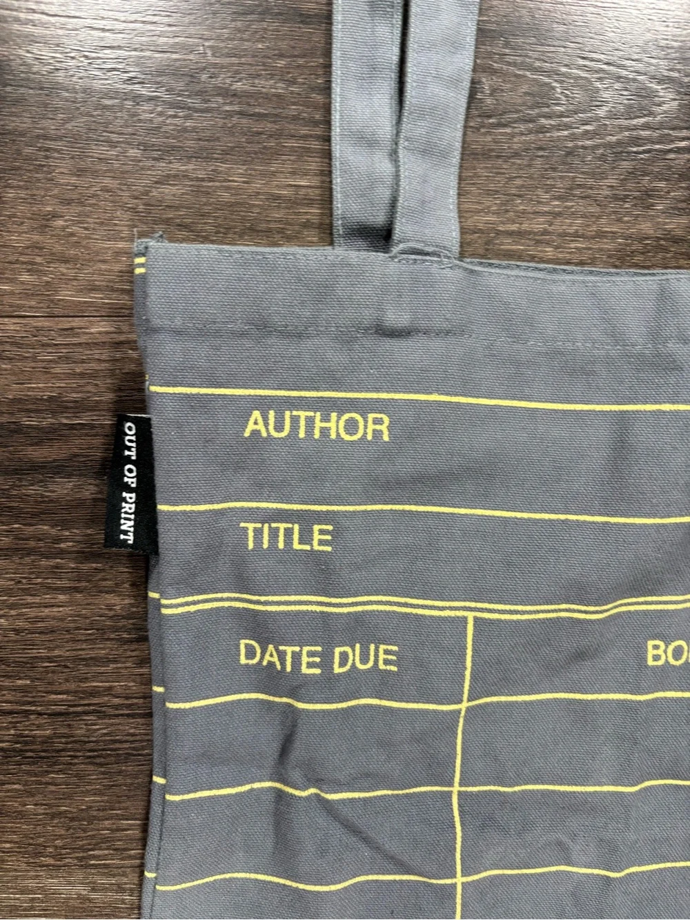 Gray Canvas Tote Bag with Yellow Library Card Print - Bags
